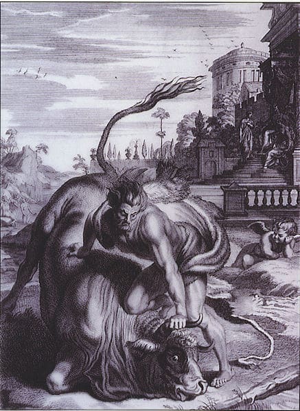This is an engraving of Hercules performing one of his labors as he forces a bull to the ground. The engraving was created by B. Picart in 1731.
