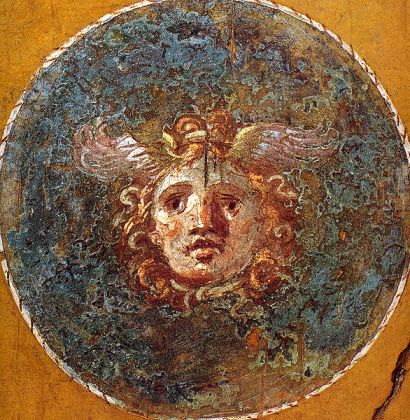 Gorgon in medaillon. Roman fresco from the Casa dei Vettii (VI 15,1) in Pompeii.