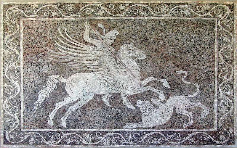 A Hellenistic Greek mosaic of Bellerophon riding Pegasus while slaying the Chimera, 300–270 BC, Archaeological Museum of Rhodes