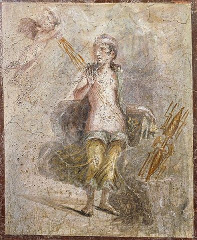 Eros pouring golden rain on Danaë, antique fresco in Pompeii