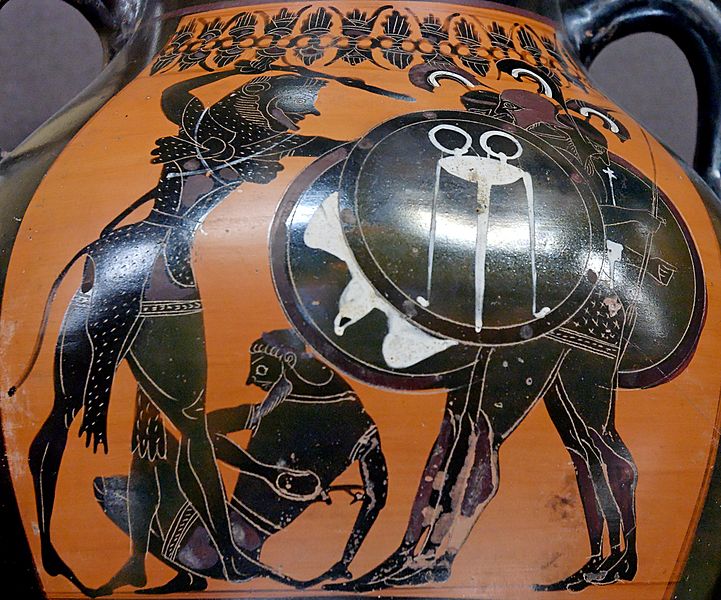 Herakles fighting Geryon (dying Eurytion on the ground). Side A from an Attic black-figure amphora.