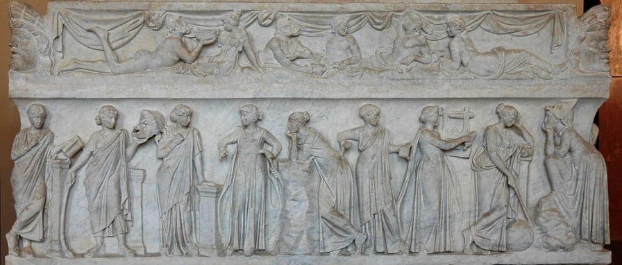 Sarcophagus known as the "Muses Sarcophagus", representing the nine Muses and their attributes. Hesiod opens the Theogony with them.