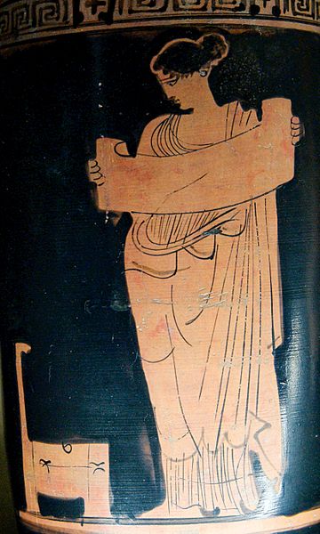 Muse, perhaps Clio, reading a scroll (Attic red-figure lekythos, Boeotia, c. 430 BC)