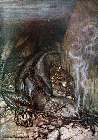 Fáfnir guards the gold hoard in this illustration by Arthur Rackham to Richard Wagner's Siegfried.