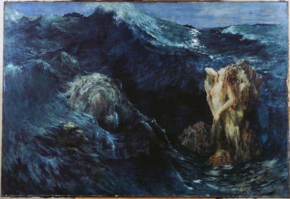 Two creatures surrounded by large waves: Scylla (right) and Charybdis (left). Oil on canvas, by Ary Renan (1894).