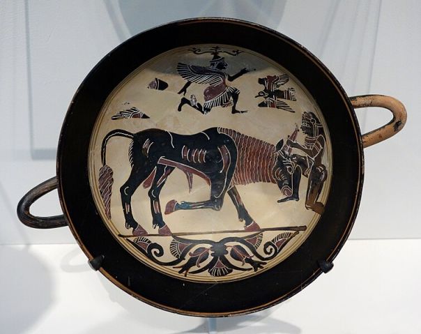 Lakonian black-figure cup with Herakles and the Cretan Bull.