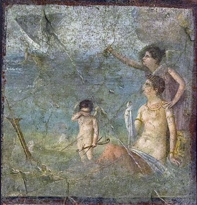 Ancient fresco from Pompeii depicting the abandoned Ariadne, Cupid, and probably Nemesis. National Archaeological Museum, Naples