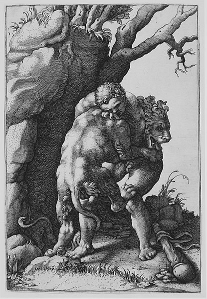 Hercules and the Nemean Lion, print, Adamo (Ghisi) Scultori, after Giulio Romano