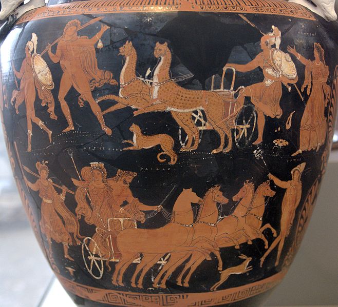 Rape of Persephone. Hades with his horses and Persephone (down). An Apulian red-figure volute krater, c. 340 BC. Antikensammlung Berlin