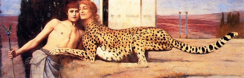 Caresses (1896) by Fernand Khnopff, a Symbolist depiction of Oedipus and the Sphinx