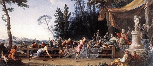 Oil painting depicting the footrace between Hippomenes and Atalanta by Noël Hallé, housed in the Louvre Museum.