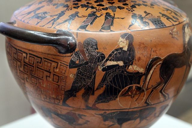 The Ricci Hydria showing Hebe bringing Heracles to Olympus from Earth upon his apotheosis. (National Etruscan Museum)