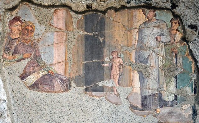 Meeting between Paris and Helen. Antique fresco in Pompeii, the House of the Golden Cupids