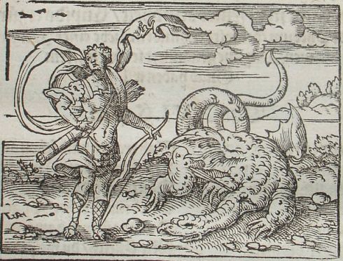 Apollo killing Python. A 1581 engraving by Virgil Solis for Ovid's Metamorphoses