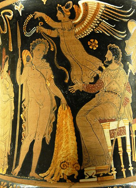 Jason returns with the Golden Fleece, shown on an Apulian red-figure calyx krater, c. 340–330 BC