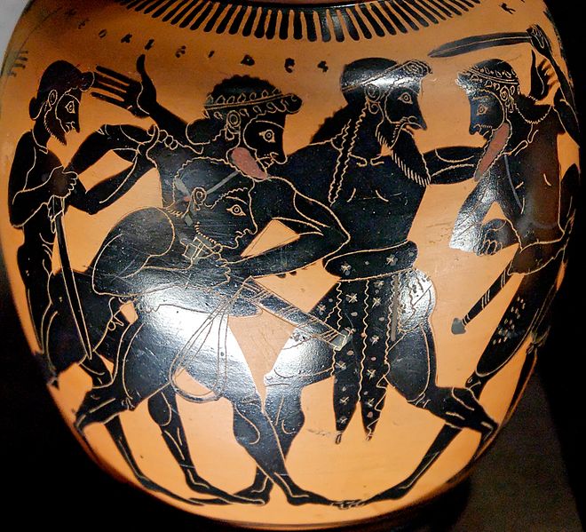 Oinochoe, ca 520 BC, the hero of the Iliad and Ajax fighting over the armour of Achilles