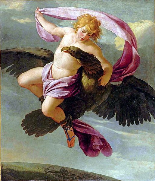 A painting by Eustache Le Sueur depicting the mythological abduction of Ganymede. In the scene, Ganymede, a beautiful young man, is being carried through the sky by a large, powerful eagle, representing Zeus. Ganymede is draped in a flowing pink cloth, his expression serene as he is lifted into the air. The eagle holds him securely with one talon, while Ganymede's body and the cloth billow gracefully, creating a sense of movement and lightness. The background shows a clear sky with soft clouds, emphasizing the elevation and divine nature of the abduction.