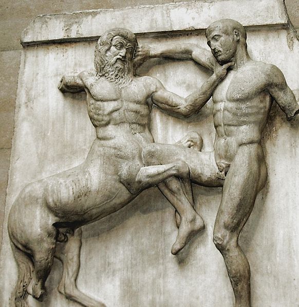 Lapith fighting a centaur. South Metope 31, Parthenon, ca. 447–433 BC