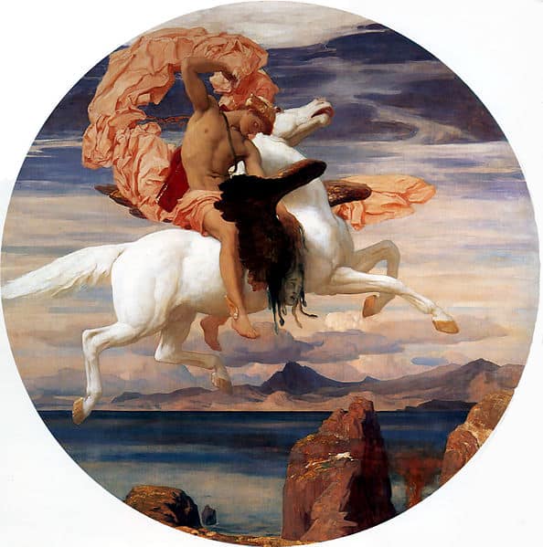 The painting illustrates Perseus on Pegasus, flying dramatically through the air with Medusa's head in his grasp, as he races to save Andromeda. The swirling fabric, dynamic motion, and the backdrop of a rocky seascape create a sense of urgency and adventure. The scene captures Perseus’ heroic role in this mythological moment.