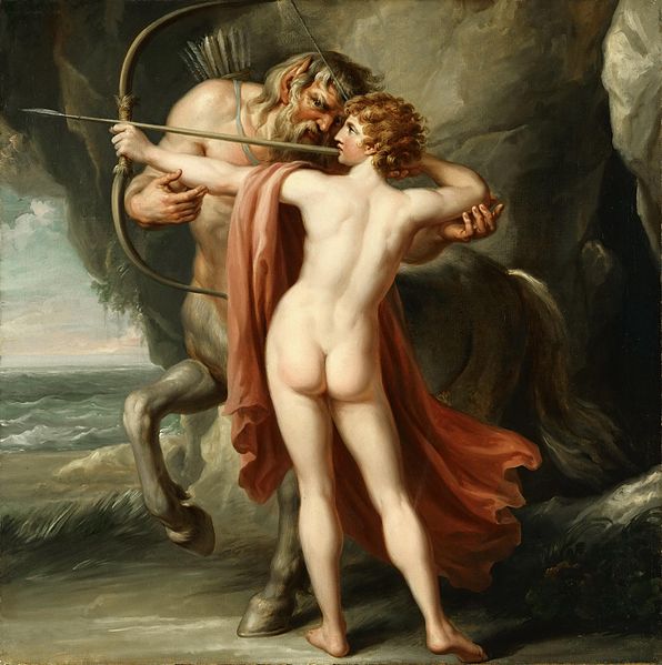Chiron instructing Achilles in using bow and arrow.