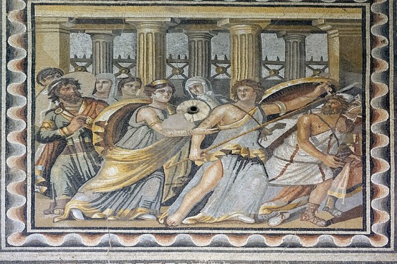 A Roman mosaic from the Poseidon Villa in Zeugma, Commagene (now in the Zeugma Mosaic Museum) depicting Achilles disguised as a woman and Odysseus tricking him into revealing himself