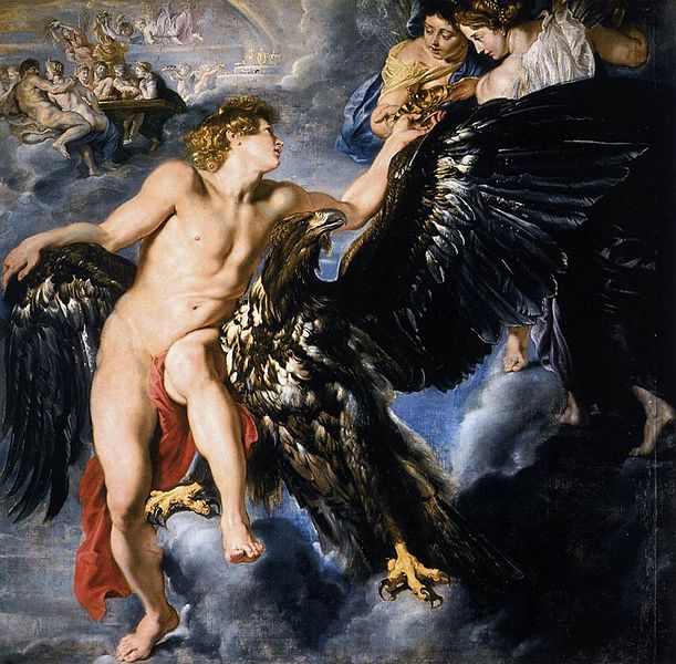 A vibrant and dynamic painting by Peter Paul Rubens depicting the mythological abduction of Ganymede. In the scene, Ganymede, a handsome youth, is being carried into the sky by a powerful eagle, which represents Zeus in disguise. Ganymede's expression is one of surprise as he reaches out toward two female figures, who appear to be handing him a golden cup, symbolizing his new role as the cupbearer to the gods. The dramatic use of light and shadow, along with the rich colors and flowing movement of the figures, emphasizes the sense of divine power and the awe-inspiring nature of the event.