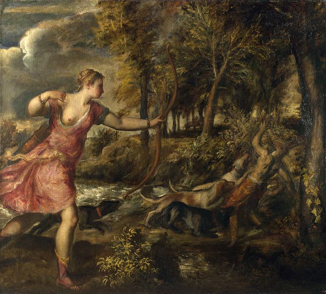 This painting, The Death of Actaeon by Titian, illustrates a tragic moment from Greek mythology. Actaeon, a hunter, accidentally stumbles upon the goddess Artemis (Diana in Roman mythology) while she is bathing. In her rage, Artemis transforms Actaeon into a stag, and he is subsequently hunted and killed by his own dogs, as depicted in this scene.