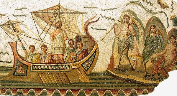The hero tied to the mast as they sail passed the Sirens, Ulixes mosaic at the Bardo National Museum in Tunis, Tunisia, 2nd century AD