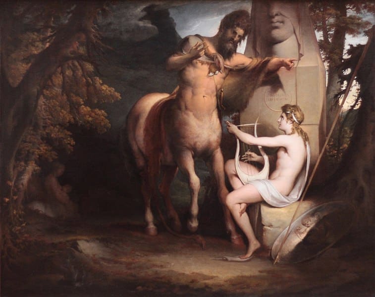 The painting depicts the scene of Chiron, the wise centaur, educating Achilles. Chiron is shown holding a staff and guiding the young hero, who is seated and playing the lyre. The serene background and the presence of a statue behind them add to the scholarly and mythological atmosphere of the artwork. This composition emphasizes the dual aspects of education in Greek mythology: Achilles, renowned for his strength, is also seen mastering the arts under Chiron’s tutelage, highlighting the balance between intellectual and physical training that was essential to becoming a great hero. The intimate interaction between the two characters captures the bond between teacher and student.