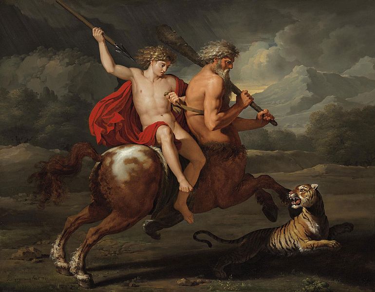 This artwork, titled "L'éducation d'Achille" (1785) by Bénigne Gagneraux, portrays another significant moment in the life of Achilles. In this dynamic and dramatic scene, Chiron, the centaur, teaches Achilles the art of hunting, an essential skill for a warrior. Chiron is depicted with an older, more rugged appearance, while Achilles is youthful and energetic, dressed in a red cloak. Both are armed with spears and ride together, hunting a ferocious tiger in the wilderness.