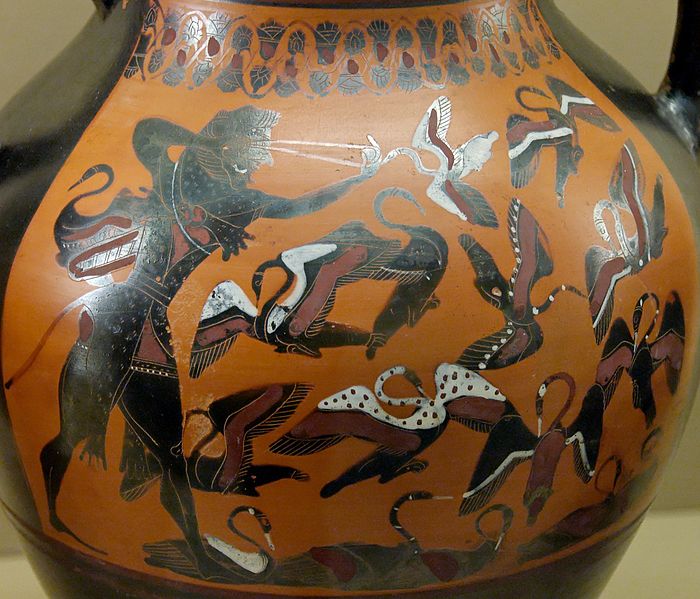Heracles killing the Stymphalian birds with his sling. Attic black-figured amphora