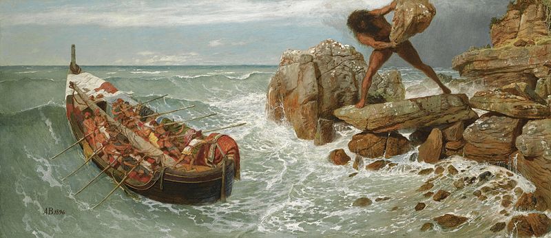 This painting by Arnold Böcklin illustrates a scene from the epic of Odysseus, where the Greek hero and his men are fleeing from the Cyclops Polyphemus. On the left, a boat filled with Odysseus and his crew is shown rowing frantically through turbulent waters, the waves crashing against the sides of the ship. On the right, the enormous figure of Polyphemus stands atop rocky cliffs, hurling a massive boulder at the retreating boat in a fit of rage. The painting captures the intense action and danger of the moment, with the stormy sea and the looming threat of the Cyclops emphasizing the peril Odysseus and his men face. The scene symbolizes both the hero’s cunning escape and the wrath of the defeated monster.