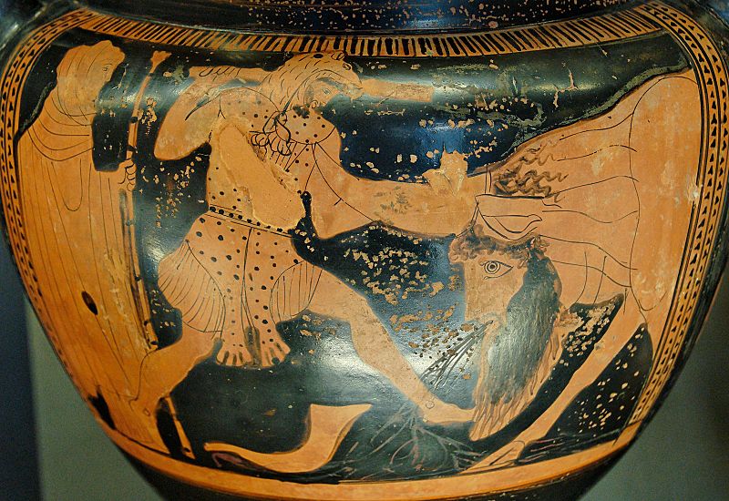 Heracles and Achelous battle for the hand of Deianeira, breaking off his horn. Later it became the Cornucopia.