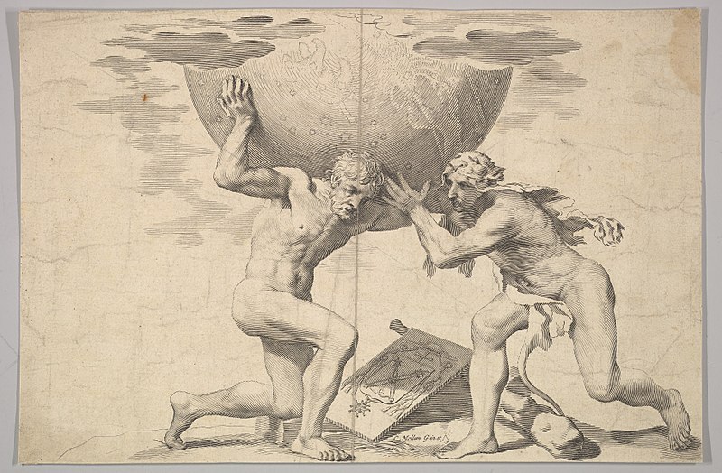 "Atlas' parents were Iapetus and Clymene, but his siblings are just as famous. His brother is none other than Prometheus. Atlas also had a brief encounter with Heracles, who held the skies for a bit so that Atlas could fetch the golden apples from the garden of the Hesperides. You can see them together in this illustration, showing Heracles helping Atlas."