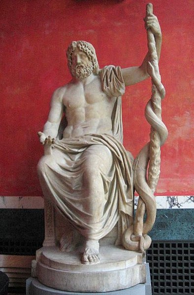 Asclepius sitting with his rod, a snake curled around it.