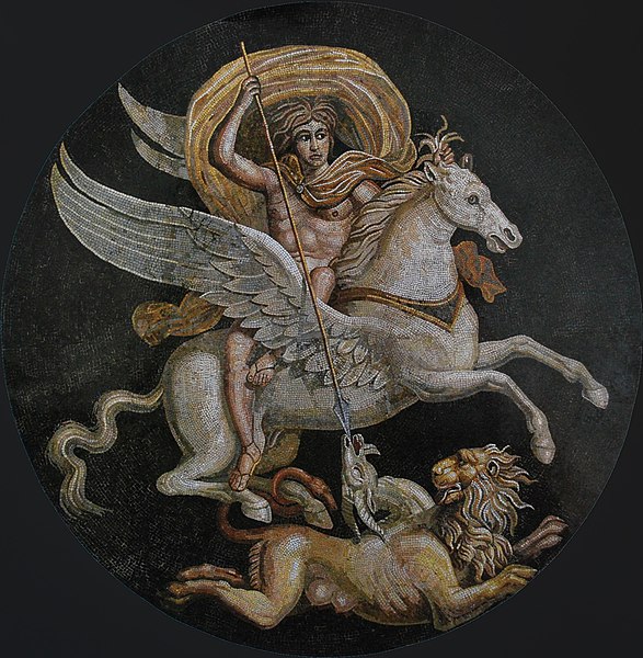 Bellerophon riding on Pegasus fighting the Chimera.
