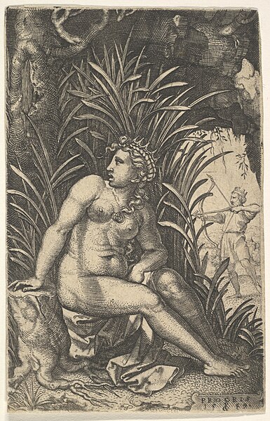 Cephalus and Procris: Procris turns her head over her right shoulder while seated nude in a thicket,