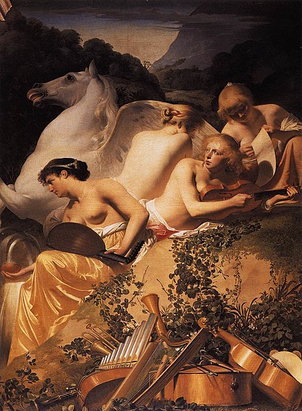 The painting you've shared is titled "Four Muses and Pegasus on Parnassus" by Caesar van Everdingen, created around 1650. It showcases a serene mythological scene where the winged horse Pegasus is surrounded by four of the Muses, who are the goddesses of the arts, literature, and sciences in Greek mythology. They are depicted resting on Mount Parnassus, the mythical home of the Muses, often considered a symbol of poetic inspiration.
