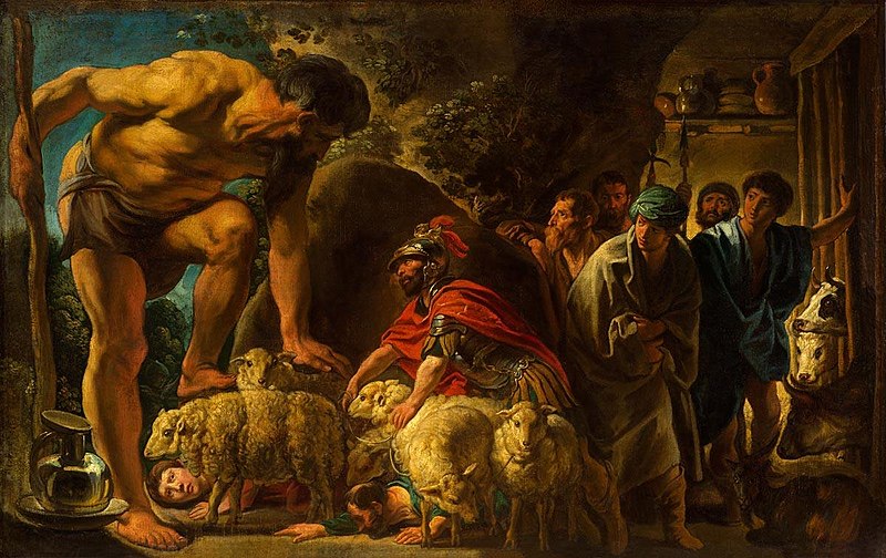 This painting by Jakob Jordaens depicts the famous scene from Homer's "Odyssey" in which the Greek hero Odysseus and his men escape from the cave of the Cyclops Polyphemus. In the foreground, the towering figure of Polyphemus is shown with a menacing posture, leaning on his staff as he inspects his sheep. The clever Odysseus, dressed in armor and a red cloak, hides beneath one of the sheep, helping his men escape undetected. The other soldiers cower in fear, anxiously awaiting their chance to escape. The dark cave setting contrasts with the dramatic lighting on the figures, highlighting the tension and danger of the moment. The painting captures the themes of cunning, survival, and the perilous nature of Odysseus's journey.