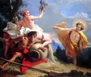 Apollo with laurel wreath chasing transforming Daphne