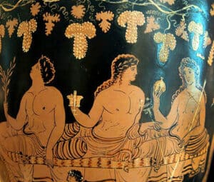 Apollo, Dionysus, and Hermes enjoying a banquet