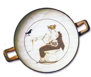 Apollo making a libation with a lyre on a white kylix