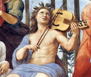 Apollo Apollo sitting under a laurel grove and playing his lyre. Detail of the Painting 'Parassus' Painting by Raphael (1509)