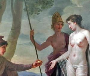 Athena observing Aphrodite receiving the golden apple during the Judgement of Paris