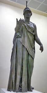 Bronze statue of Athena with owls on her helmet from Piraeus