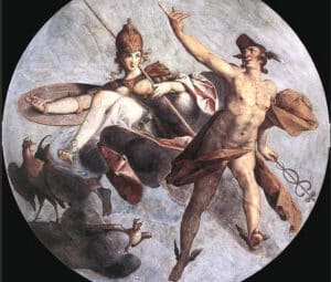 Athena alongside Hermes, the messenger god