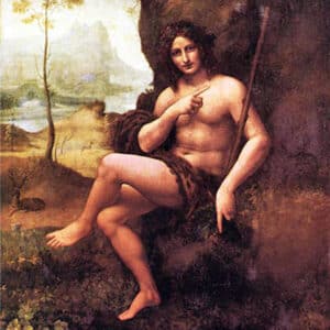 Dionysus pointing to the ground, holding a thyrsos