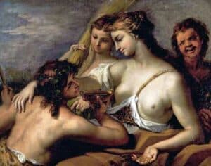 Ceres and Bacchus Ceres (Demeter), the goddess of vegetation, embracing Bacchus (Dionysus) the god of wine Painting by Sebastiano Ricci