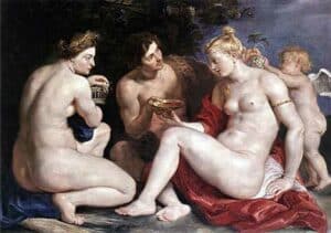 Demeter with Dionysus, Aphrodite, and Eros in a divine gathering.