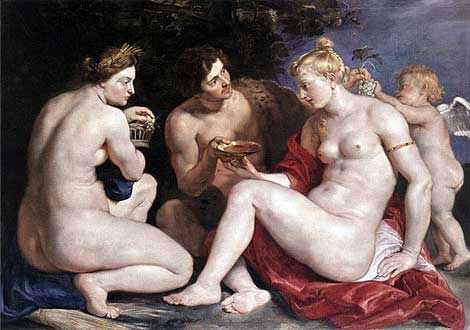 Demeter with Dionysus, Aphrodite, and Eros in a divine gathering.